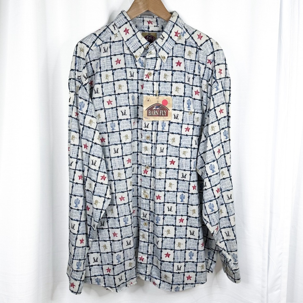 Vintage 90s Barn Fly Western Shirt XL NWT Made USA Cowboy Cactus Print